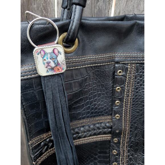Handmade boho Pitbull dog lover gift Leather Fringe Western bag charm keychain - Picture 1 of 4